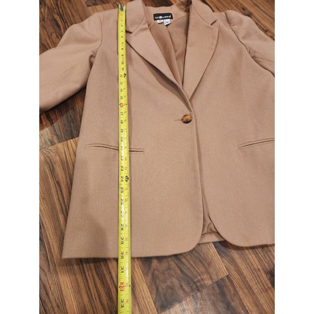Vintage Blazer 100% Pure Wool Women 16 Sag Harbor Camel 1 Button Shoulder Pads - Picture 2 of 11